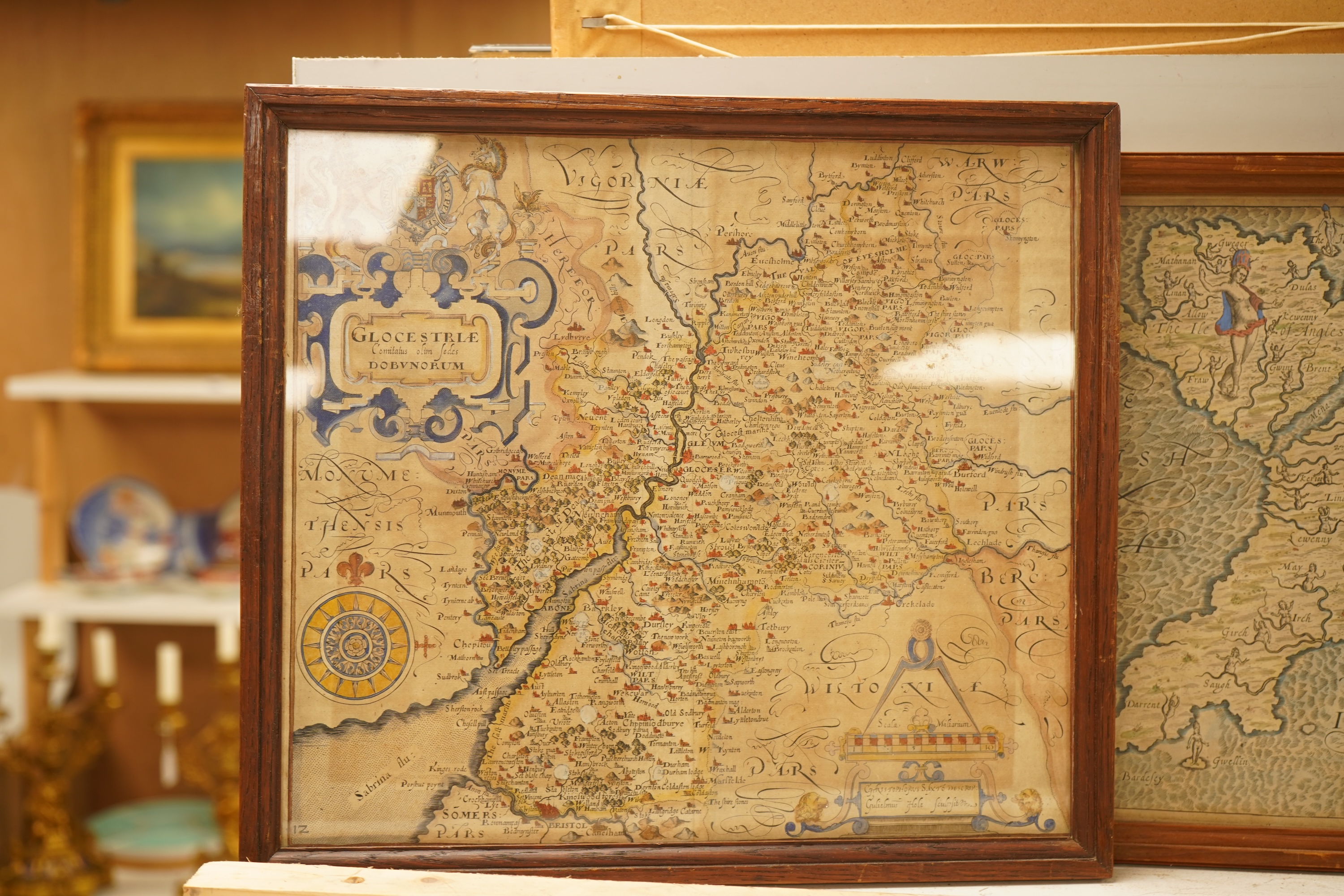 Cambden, 17th/18th century hand coloured engraved map of Gloucestershire together with another of Wales, 28 x 31cm